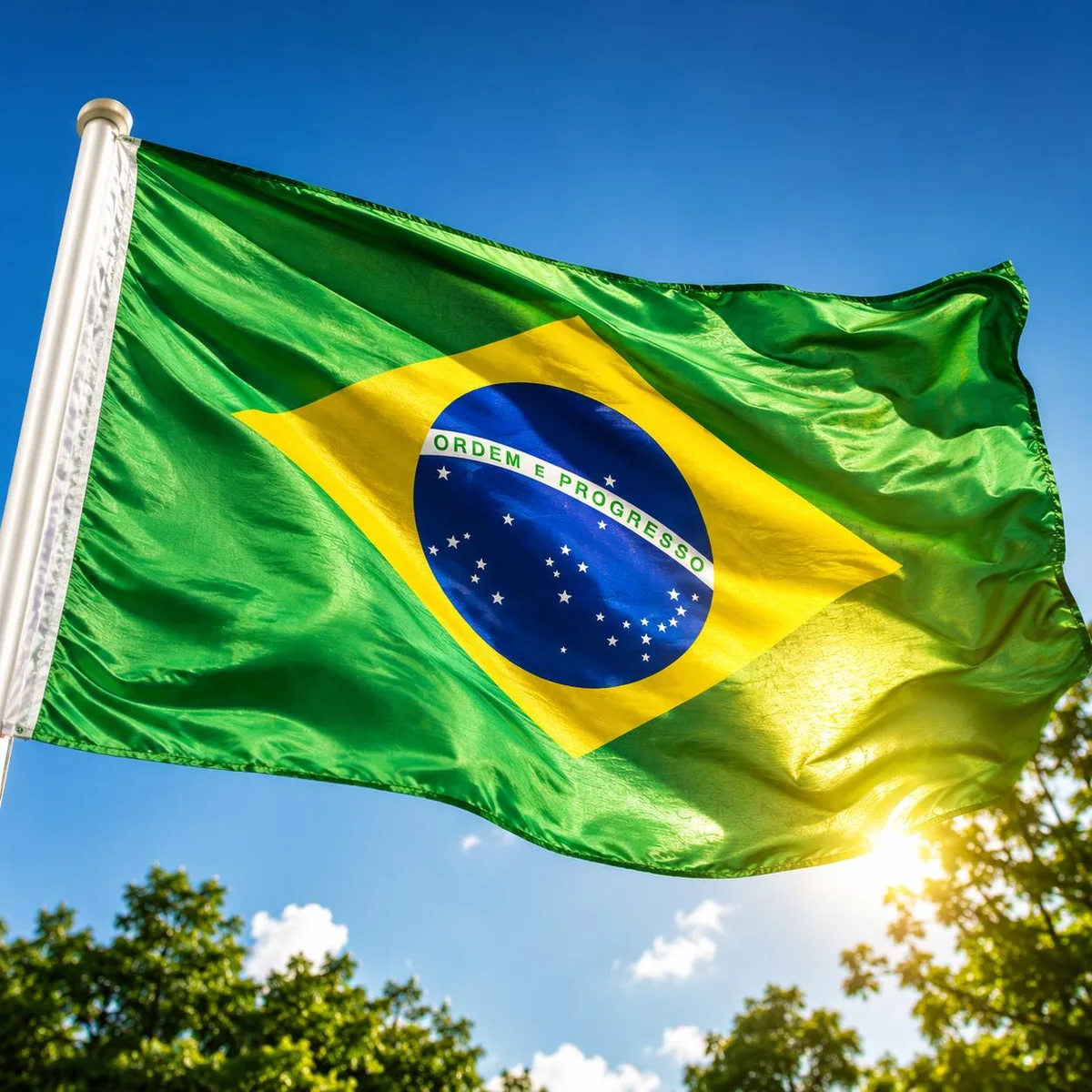 Bandeira do Brasil tremulando ao vento em um mastro