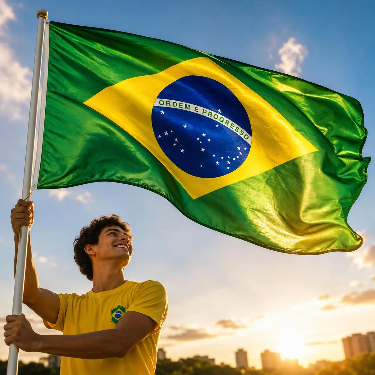 Torcedor segurando a bandeira do Brasil em uma haste