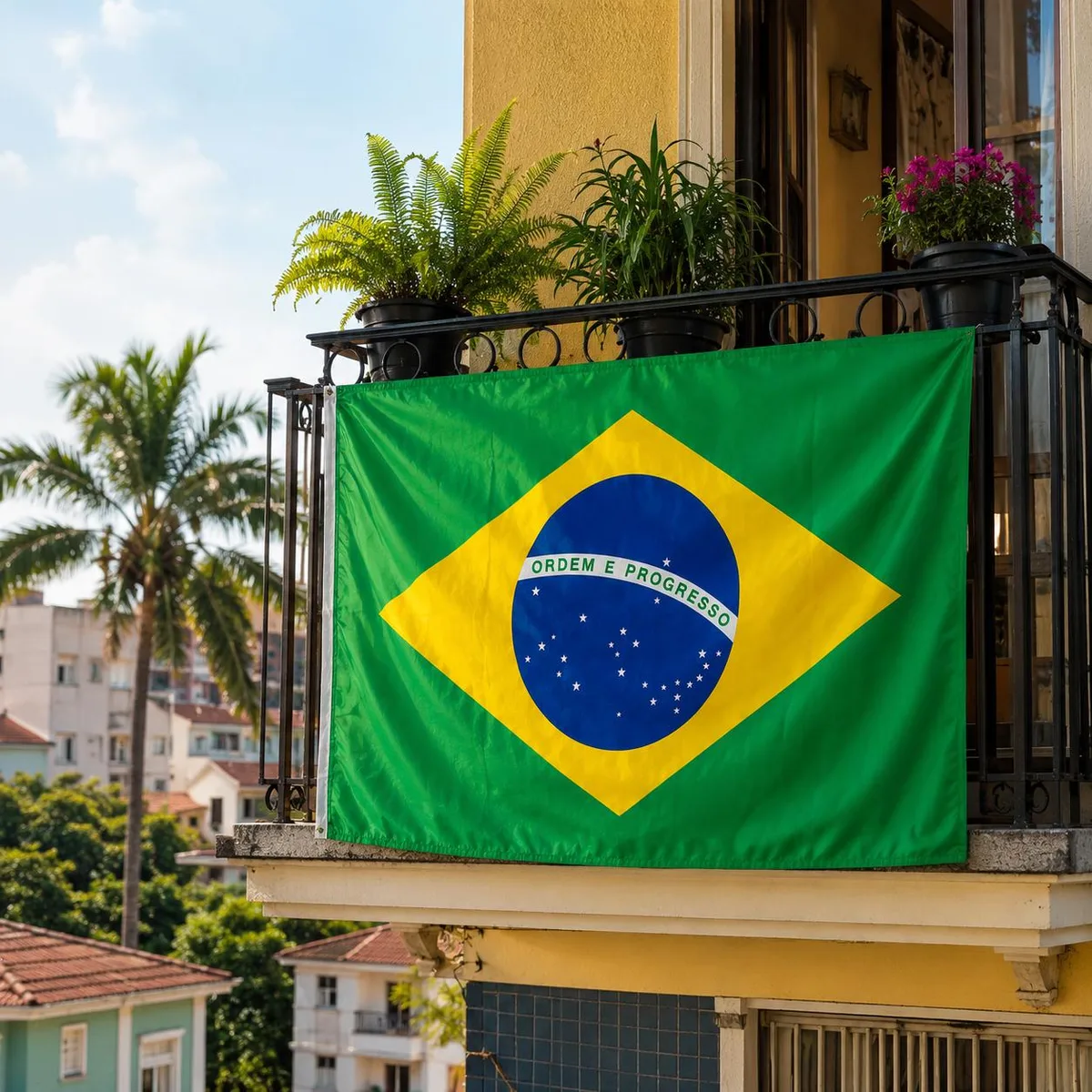Bandeira do Brasil presa na grade de uma varanda